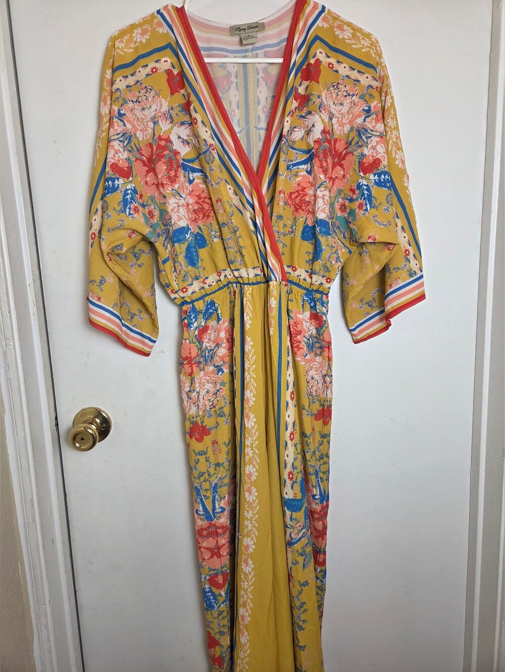 Flying Tomato Mustard Yellow Floral Wide Leg Boho Jumpsuit Kimono Sleeve Small